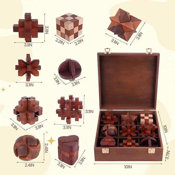 Wooden Brain Teaser Puzzles for Adults - Brain Teaser Puzzles with Wooden Box 3D Puzzle Game Toys for Adults Teens - Unlock Interlocking Puzzle Adult IQ Education Smart Toys