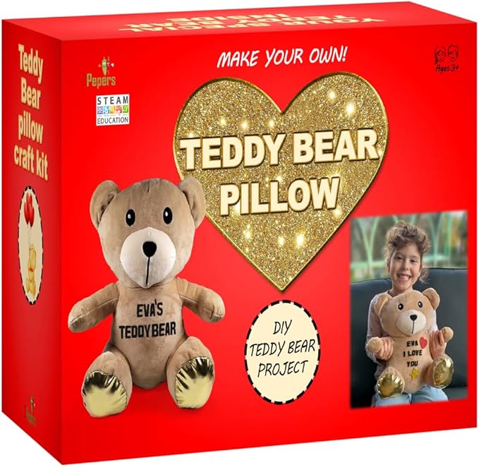 Make Your Own Teddy Bear Plush Pillow Kit Arts and Crafts for Girls (No Sew), Teddy Bear Craft Kit for Girls Ages 3-5 4-6 5-7 Years Old Birthday Present, for Kids, DIY Kids Crafts