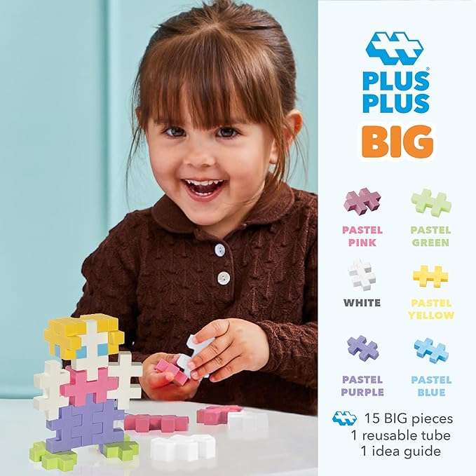 PLUS PLUS Big – Open Play Tube – 15 Piece Pastel Color Mix – Construction Building STEM/STEAM Toy, Interlocking Large Puzzle Blocks for Toddlers and Preschool