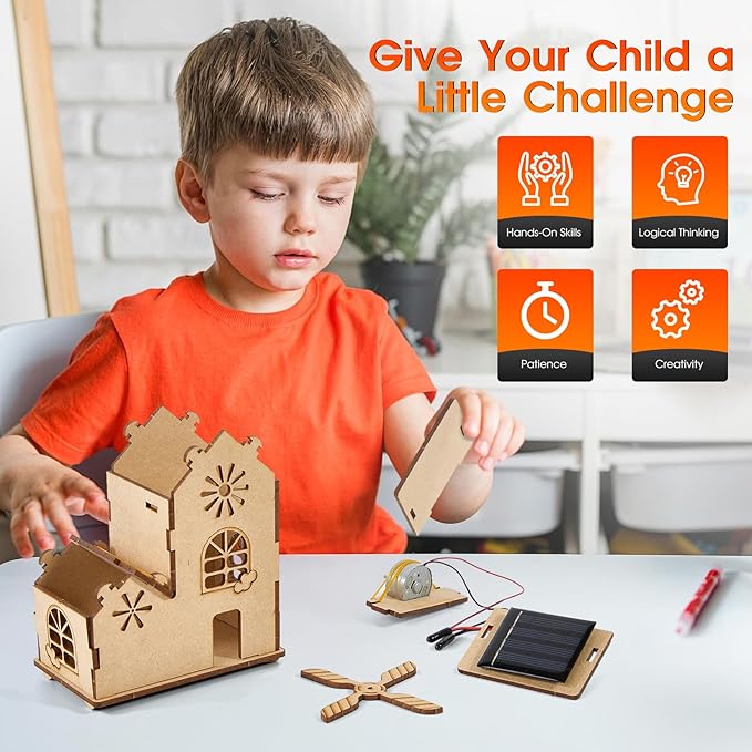 Solar Powered 3D Puzzle House STEM Kit - DIY Wooden Science Toy for Kids Ages 8-12, Solar Model Construction Craft Kit with Windmill, Educational STEM Toy Kit & Science Craft for Children