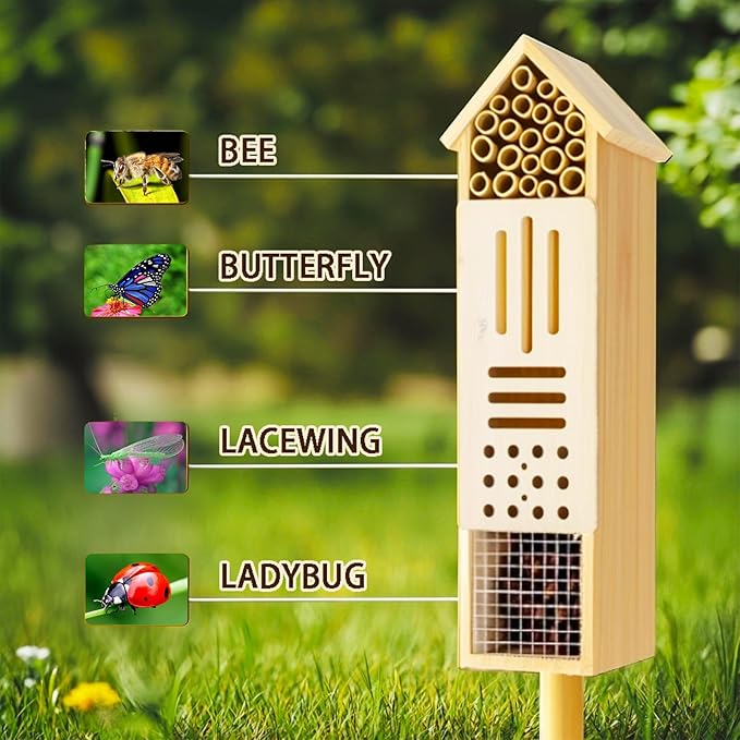 Wooden Insect House, Insect Hotel for Bugs, Bees, Butterflys, Ladybirds, Natural Beneficial Insect Habitat for Garden and Yard