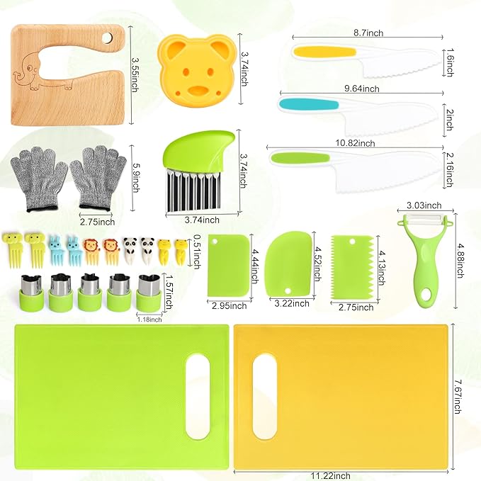 28PCS Toddler Knife Set - Kids Knifes for Real Cooking, Wooden Kids Kitchen Knife Set with Gloves Cutting Board Crinkle Cutters Kid Safe Knives, Toddlers Kitchen Tools