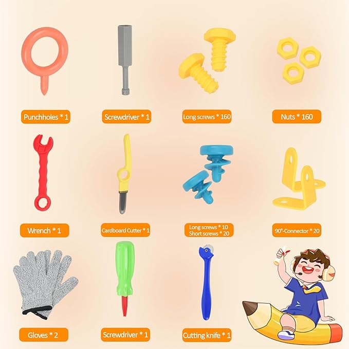 Kids Tool Set with Cardboard Cutter for Kids - 378Pcs STEM Construction Kit with Safe Saws, Fold-Roller, Gloves | Creative Building Educational Toys Gift for Boys Girls 4+