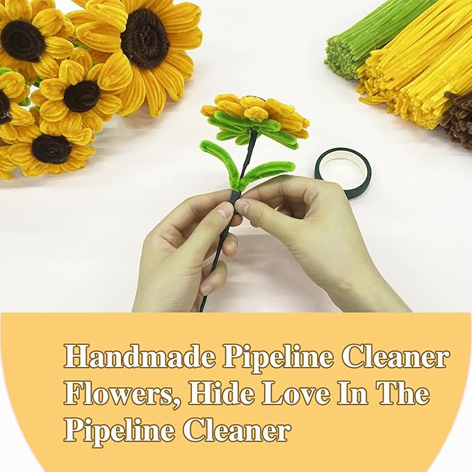LOLEDE Pipe Cleaners Craft Flowers Kit 400 Pcs, 400 Pcs 3 Colors 11.8inch Fuzzy Pipe Cleaners Bulk, Chenille Stems for DIY Flower Making Kit Crafts, Floral Stems & Tape & Ribbon (Yellow)