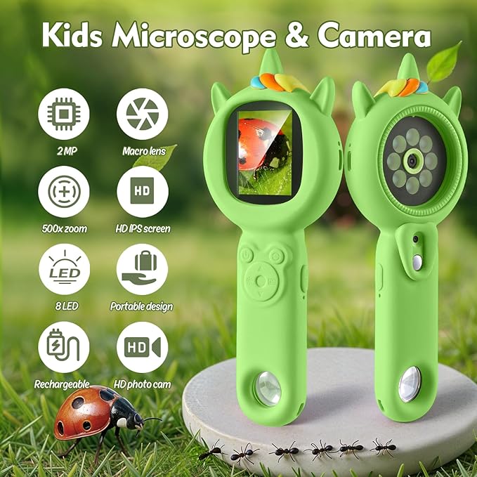 Kids Microscope- 500x Magnification,16X Zoom,Handheld Microscope for Kids with HD Cam,Portable Science Learning Tool,Christmas Birthday Gifts for Boys Girls Aged 3-12（Green）