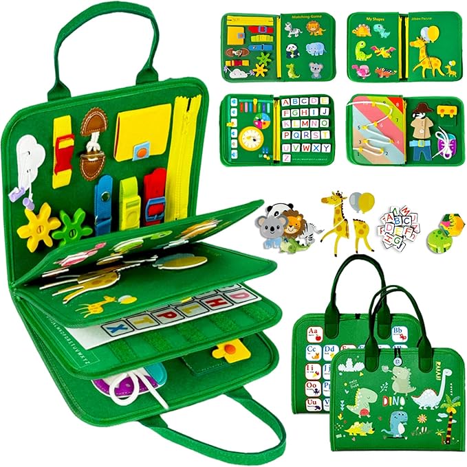 Qizfun Toddler Busy Board Montessori Toys – Sensory Busy Book, Educational Learning Travel Toy for Airplane & Car, Keeps Toddlers Engaged, Birthday Gifts for Toddler Boys Girls