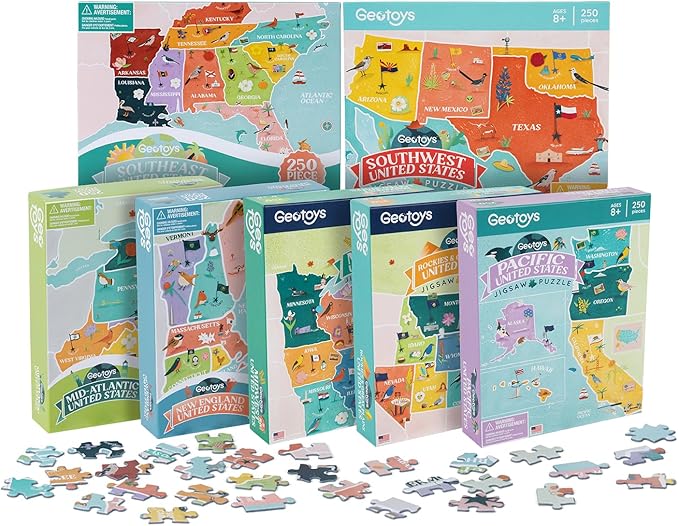 Geotoys USA Regional Jigsaw Puzzles Bundle - Set of 7 Educational Games for Kids 8-12 of Age - 250 Piece Puzzles for Kids Featuring New England, Midwest & More - Regional US Map Puzzle with Flags