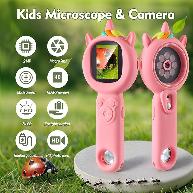 Kids Microscope- 500x Magnification,16X Zoom,Handheld Microscope for Kids with HD Cam,Portable Science Learning Tool,Christmas Birthday Gifts for Boys Girls Aged 3-12 (Pink)