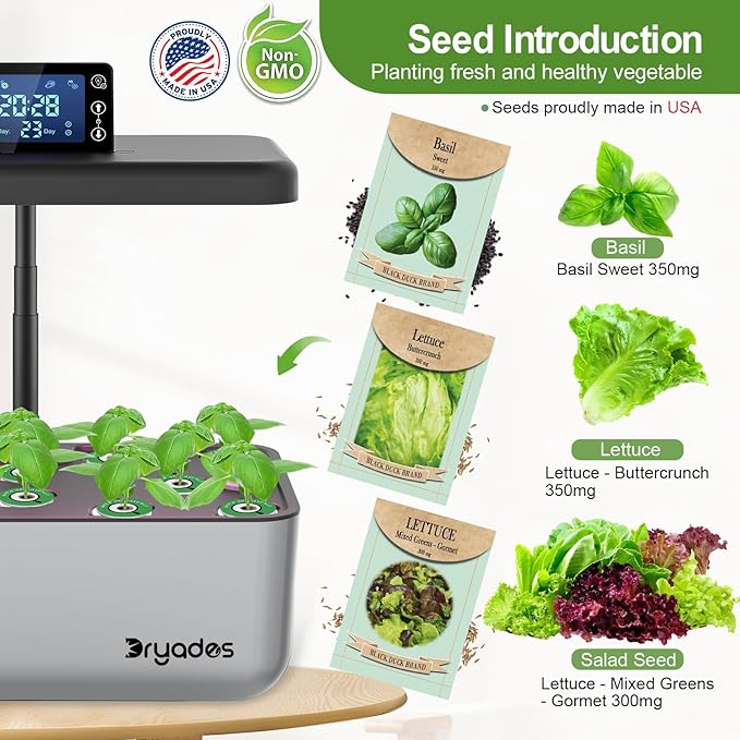 Hydroponic Growing System Kit with Operation Screen + 3 Free Seeds (Lettuce, Salad Mixed, Basil), 12 Pods Indoor Smart Gardening Herb Planter, 24W Full Spectrum LED Grow Light Growing System (Silver)