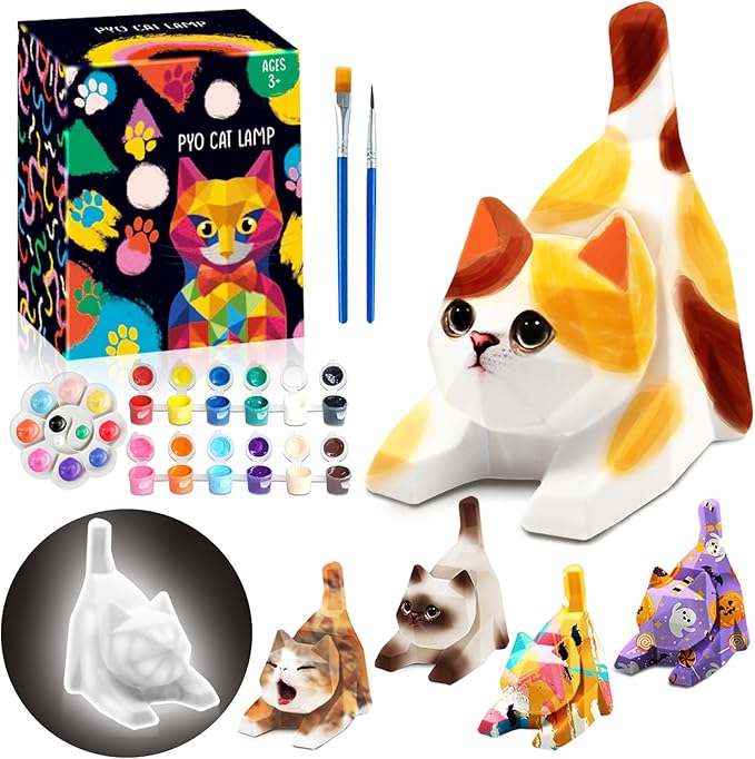 FUNZBO 4.3in Paint Your Own Cat Lamp Kit - Arts and Crafts Supplies Painting Set for Kids Teens, DIY Night Light Toy for Toddlers Girls Boys Age 3 4 5 6 7 8 9 10 11 12 13 + Christmas Birthday Gifts