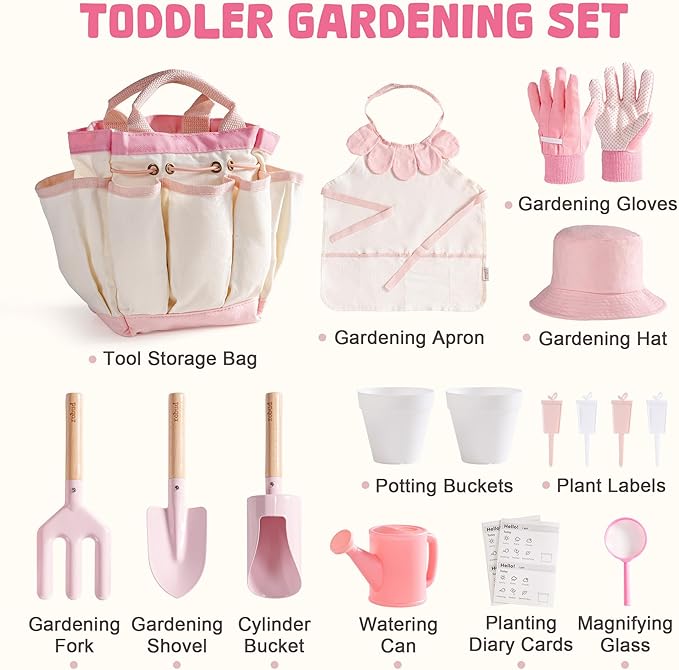 ROBUD Kid Gardening Set, Wooden Garden Tool for Kid, Garden Tool Kit with Tool Storage Bag, Apron, Gloves, Montessori Toys for Kids to be Closed to Nature, WRP51