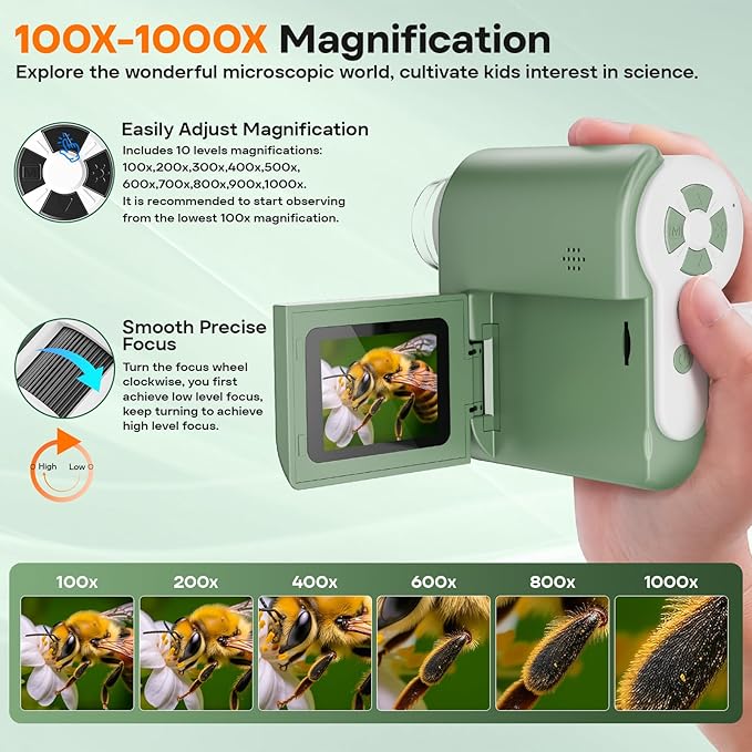 LAKWAR 1000X Handheld Digital Microscope for Kids: 4K 2.0" Screen Portable Digital Microscope for Kids 8-12 Home School Science Education (Green)