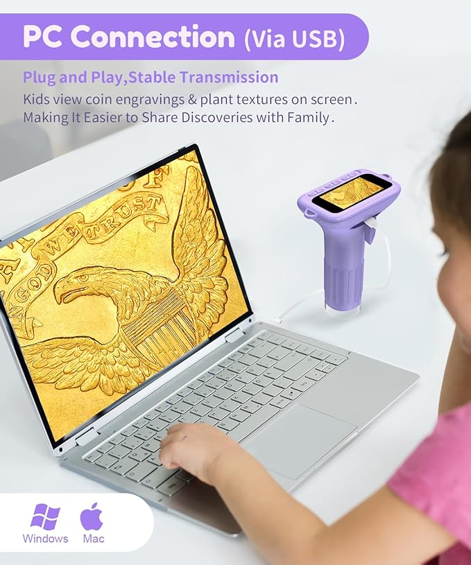 USCAMEL Digital Microscope for Kids 5-7: 1000x Kids Handheld Microscope with Screen 2" inch Pocket miniscope with Slides Kit - for Children Toddler Student Nature Explorers Educational Toy(Purple)