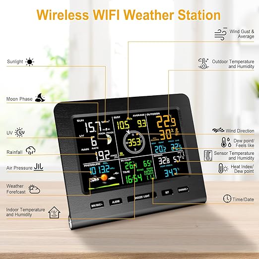 Urageuxy Weather Station Wireless Indoor Outdoor WiFi Weather Stations with Rain Gauge and Wind Speed/Direction,Temperature, Humidity, Weather Forecast, UV/Light, Moon Phase and Alarm