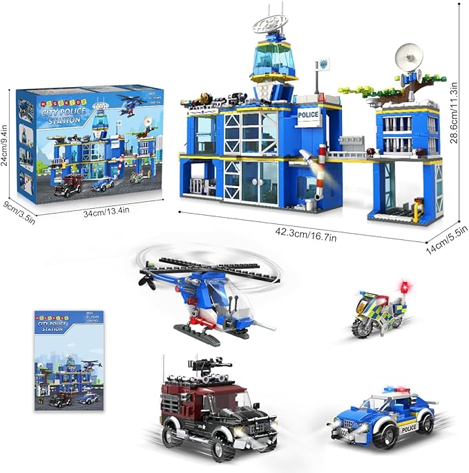 HOGOKIDS City Police Station Building Set - 1260 PCS Police Building Block Toys with Helicopter Motorcycle Police Vehicle Bandit Car, STEM Police Construction Toy for Kids Boys Girls Ages 8-12+ Years