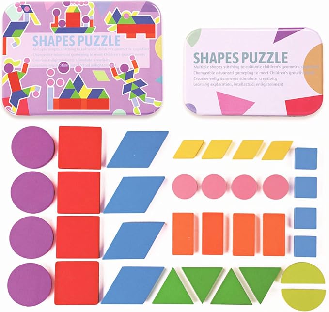 Ahyuan Wooden Pattern Blocks Geometric Animal Shapes Puzzles Guide Cards Brain Teaser Toys for Children Best STEM Educational Montessori Tangram Toys (Style A)