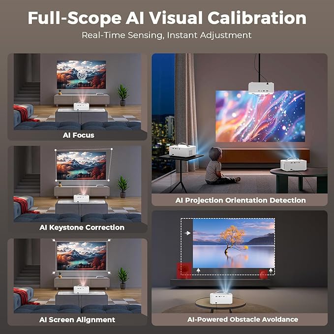 [AI Movin 2.0 System/1500 ANSI/Auto Focus] Outdoor-Projector with WiFi and Bluetooth, Portable-Projector 30W DoIby Audio APPS Built-in, Lisowod 4K Support Smart Proyector with HDR10+ 2025 Upgraded