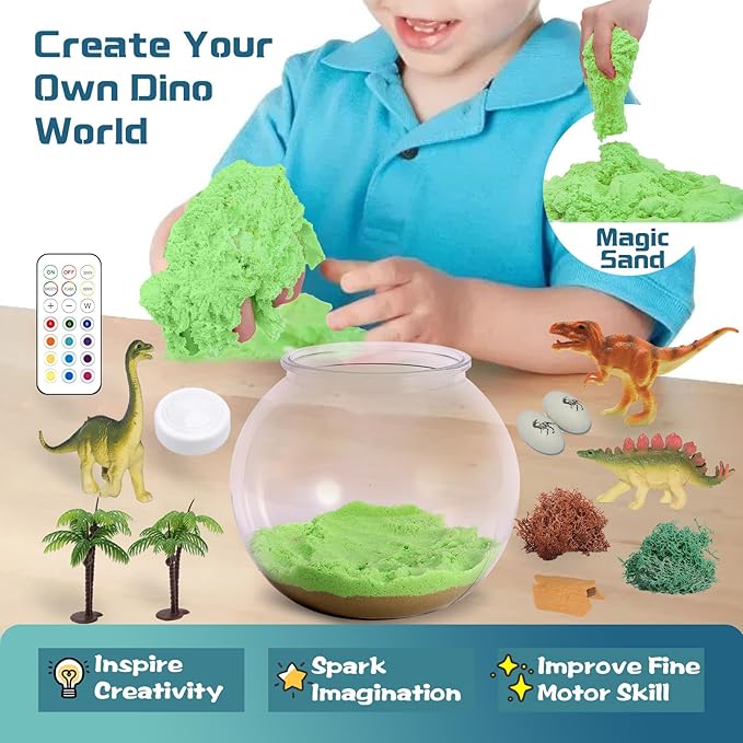 Dinosaur Light-Up Terrarium Kit for Kids- Birthday Gifts for Boys Ages 4 5 6 7 8-12 Year Old- Dinosaur Toys for Boys with Multicolor LED Light & Remote