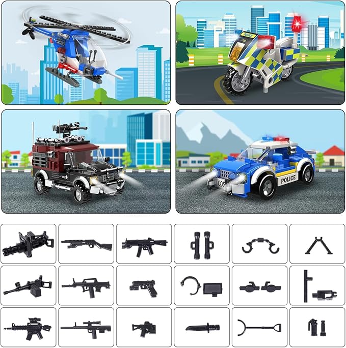 HOGOKIDS City Police Station Building Set - 1260 PCS Police Building Block Toys with Helicopter Motorcycle Police Vehicle Bandit Car, STEM Police Construction Toy for Kids Boys Girls Ages 8-12+ Years