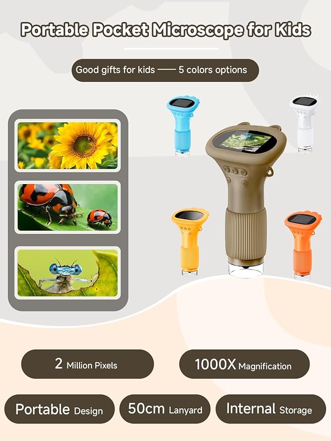 Microscope for Kids, 1000X Handheld Digital Miniscope with 2.0" Screen, Portable Pocket Microscope Education Toys Christmas Gifts for Age 3 4 5 6 7 8 9 10 Girls Boys