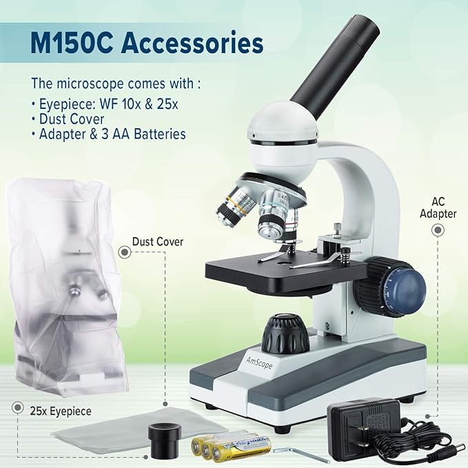 AmScope M150 Series Portable Student Monocular Compound Microscope - 40X-1000X Magnification - Features LED Light & 25 Prepared Slides - Has Coarse & Fine Focus