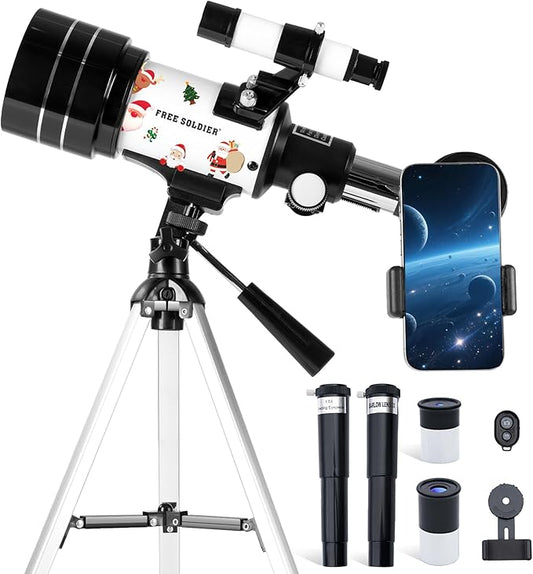 FREE SOLDIER Telescope for Kids 70mm Aperture Astronomical Refractor Telescopes for Beginners (15X-150X) 300mm Telescope for Adults High Powered with A Phone Adapter & A Wireless Remote (White)