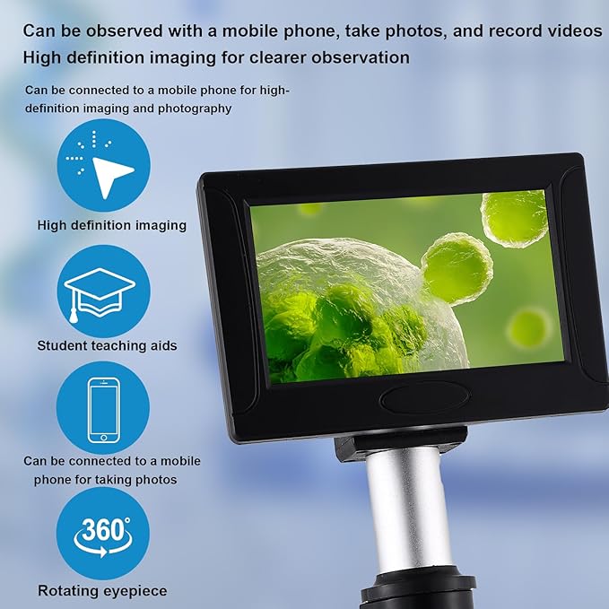 Microscope 40X-2500X Magnification, HD Wide Angle Eyepieces, 4-inch High-Pixel Display with LED Fill Light 3, Cell Phone Observable, for Home School Labs (Black)