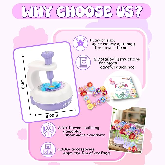 PERRYHOME Fabric Flower Bouquets Toys, 300+ Pcs DIY Flower Making Kit, 2 Gameplays Educational Arts & Crafts for Kids, Reusable Bouquets Maker Birthday Gift for 3 4 5 6 7 8 Years Toddler Girl