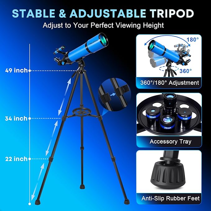 Hawkko Telescope for Adults & Kids, 80mm Aperture 600mm High Powered Telescope for Astronomy Beginners - Refractor Telescopes with AZ Tripod, Phone Adapter and Portable Bag for Moon Observation