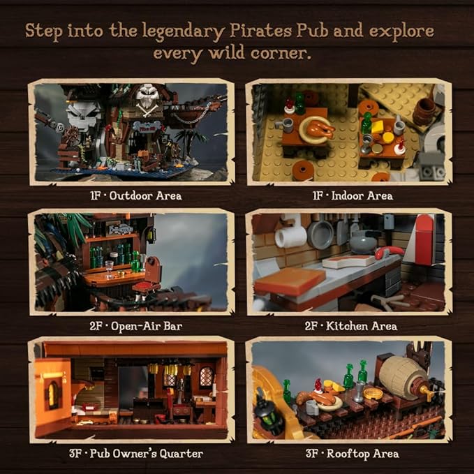 PANTASY Pirate Pub Building Kit – Modular Shipwreck Tavern Architecture Deck with Terrace Bar, Rum Bottle & Pirate Figures – Creative Nautical Display Set for Adults and Collectors