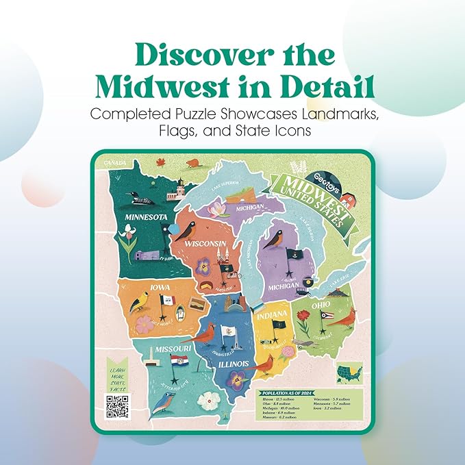 Geotoys Midwest Region Jigsaw Puzzle - 250 Piece Puzzles for 8 Year Olds - Jigsaw Puzzles for Kids Ages 8-12 Years Old - Kids Puzzle Games with Colorful Landmarks