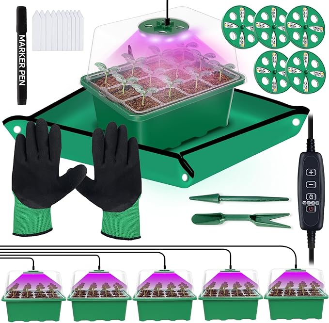 5 Packs Seed Starter Trays with Plant Light (Value Pack), 60 Cells, Seed Starter Kit with Heightened Lid, Adjustable Humidity Domes for Plant Flower Vegetable Seeds Germination