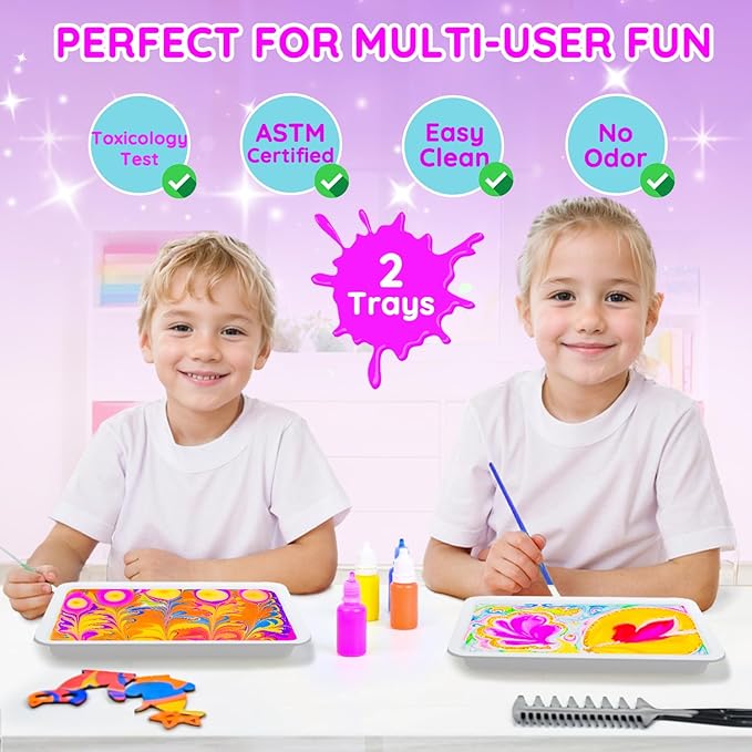 MOMUSE Marbling Paint Art Kit for Kids with Dual Trays, Passed Toxicology, Metallic Gold Water Marble Painting Kit, Creative Arts Crafts Kits for Kids Girls & Boys Ages 6 7 8 9 10, Birthday Gifts