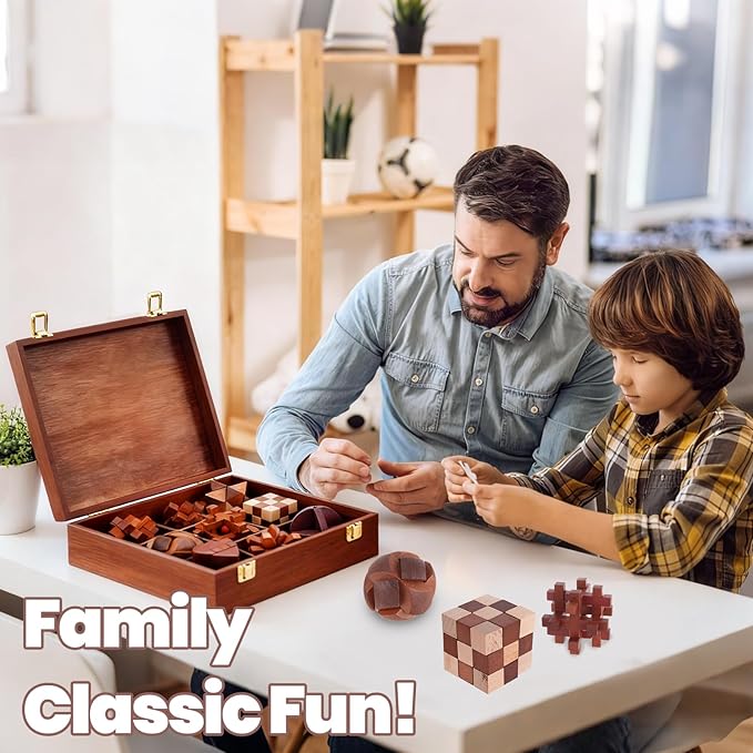 Wooden Brain Teaser Puzzles for Adults - Brain Teaser Puzzles with Wooden Box 3D Puzzle Game Toys for Adults Teens - Unlock Interlocking Puzzle Adult IQ Education Smart Toys