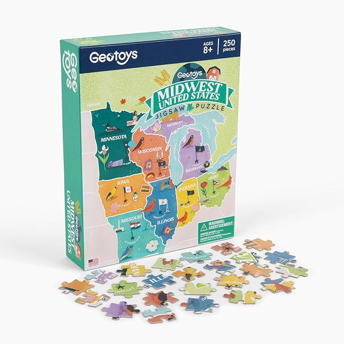 Geotoys Midwest Region Jigsaw Puzzle - 250 Piece Puzzles for 8 Year Olds - Jigsaw Puzzles for Kids Ages 8-12 Years Old - Kids Puzzle Games with Colorful Landmarks