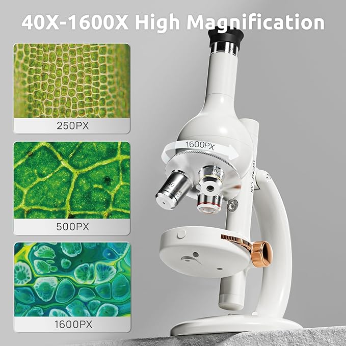 Science Can Microscope for Kids, 1600X Magnification LED Student Microscope with 8 Prepared Slides, Educational Science Lab Toy Great Birthday Gifts, Science Kits for Kids Ages 8-12