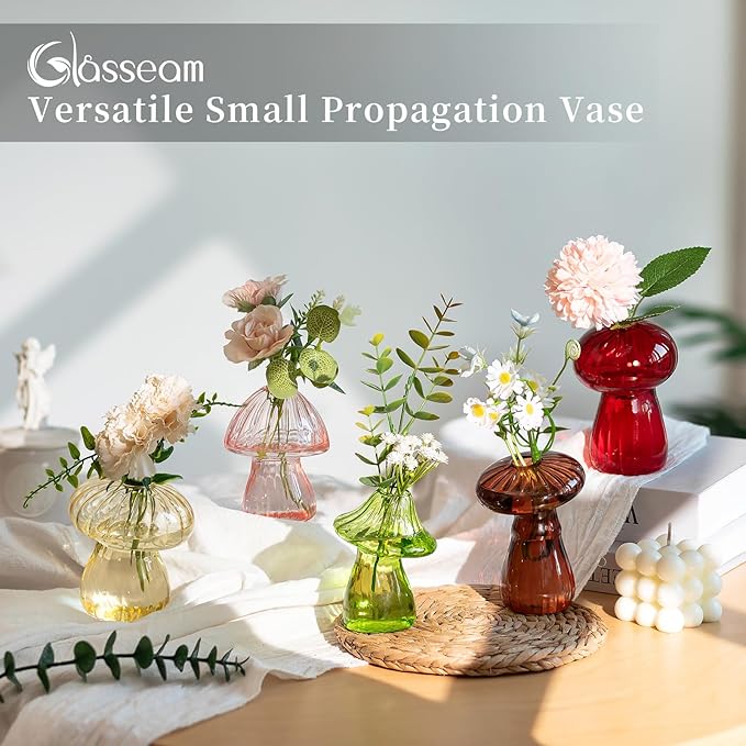 Glasseam Mushroom Plant Propagation Stations: Cute Glass Terrarium Jar Propagation Vase Set of 10 Hydroponic Planters for Home Room - Unique Colorful Mushroom Decor Gifts for Plant Lovers