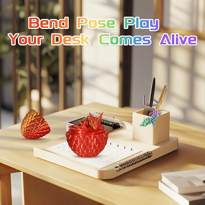 3D Printed Dragon Eggs with Dragon, 4 PCS 3D Printing Toys for Adults, Fantasy Tabletop Decor, Unique Office Desktop Decoration & Collectible Stocking Stuffers