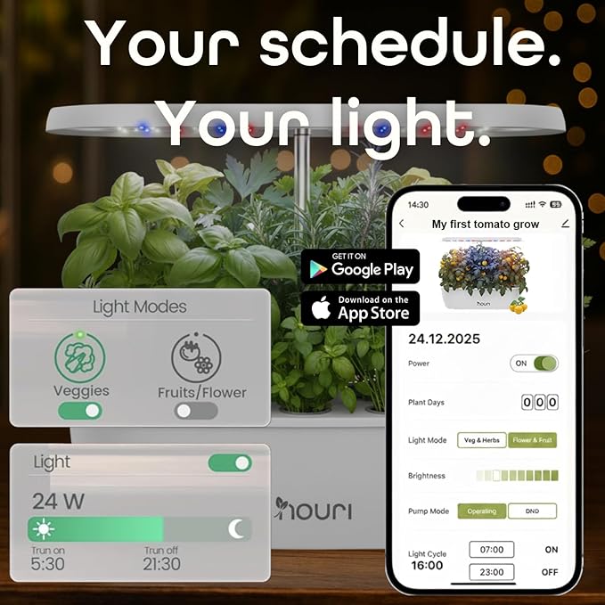 Nouri 12 pod APP Smart Garden for Home Cooks | w/Heirloom Basil | Hydroponics Growing System | LED Grow Lights | Indoor Herb Garden Kit | Herb Growing Kit Indoors for Plant Lovers, Gardeners, Kitchen