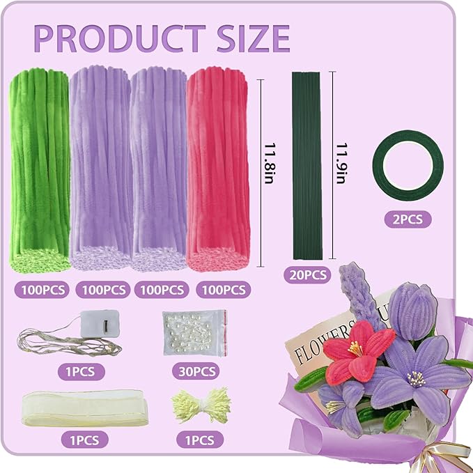 LOLEDE Pipe Cleaners Craft Flowers Kit 400 Pcs, 400 Pcs 3 Colors 11.8inch Fuzzy Pipe Cleaners Bulk, 100 Pcs Stamen, Chenille Stems for DIY Flower Making Kit Crafts, Floral Stems & Ribbon(Purple)