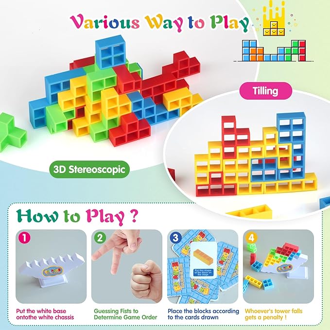 48Pcs Tetra Tower Game, Family Board for 2 Players Family Games, Christmas Stocking Stuffers for Teen Boys, Girls, Kids, Adults, Building Blocks Balance Games Toys for Family and Classroom