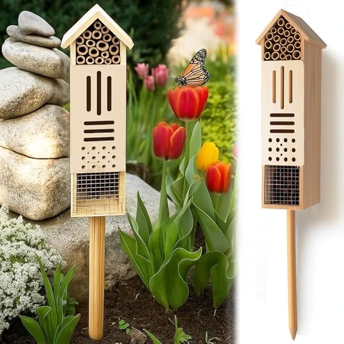 Wooden Insect House, Insect Hotel for Bugs, Bees, Butterflys, Ladybirds, Natural Beneficial Insect Habitat for Garden and Yard