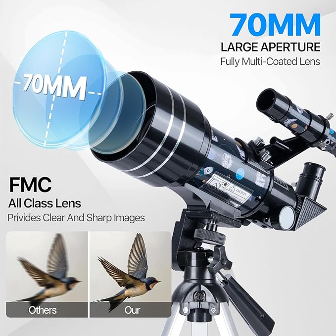 Telescope for Adults Astronomy, 70mm Aperture 300mm Focal Length Portable Astronomical Telescope for Beginners Age Over 8 Years Old with Wireless Remote Carry Bag Tripod, Space