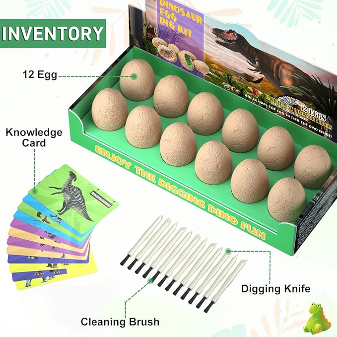 BIGEAR Easter Dinosaur Eggs Excavation Dig Kit - Dinosaur Toys for Kids - Break Open 12 Dinosaur Eggs and Discover 12 Cute Dinosaurs - Archaeology Preschool Science STEM Crafts Birthday Gifts for Boys
