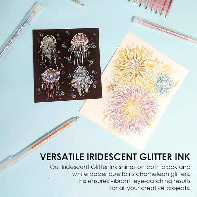 Grabie 42 Capped Glitter Gel Pen Set, 18 Iridescent&24 Essential Color Pens, Smooth Rollerball Tip, Metallic Sparkly Gel Pens for Coloring, Set of 42 Gel Pens Colored