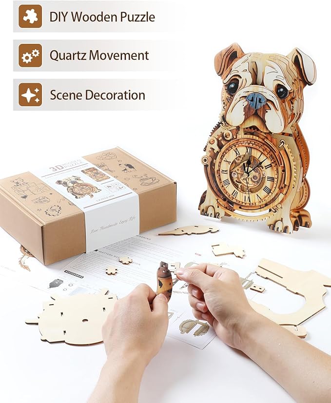 3D Wooden Puzzles for Adults, 3D Puzzles Bulldog Clock(with Pendulum) 32Pcs, Beginners Wooden Puzzle for Adults Home Wall Decor Clock Crafts for Adult Puzzle Gift for Women Men