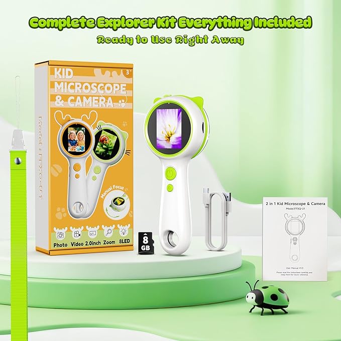 3-in-1 Microscope Camera for Kids, 2" LCD, 600X, Adjustable Focus, Mini Handheld with Handle Magnifying Glass, USB Rechargeable, STEM Kit, Birthday for Ages 3-12 Boys Girls