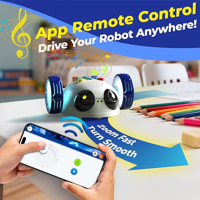 Coding Robot Toys for Kids Ages 5+, STEM Robot Toy Kit with Wheels and Play Cards, Screen Free Remote Control Programming Interactive Toy for Boys and Girls Ages 5-8