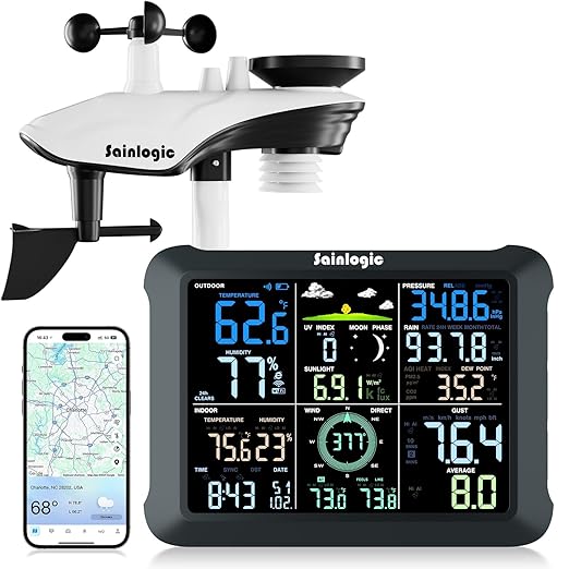 Sainlogic WiFi Smart Weather Station SA9 with 24H/ 7Days Accurate Weather Forecast by Weatherseed® AI, 8.5" Large Display,UV,Sun Light,Rain Gauge,Wind Gauge,2-Year Data Storage & Export（Only 2.4G）