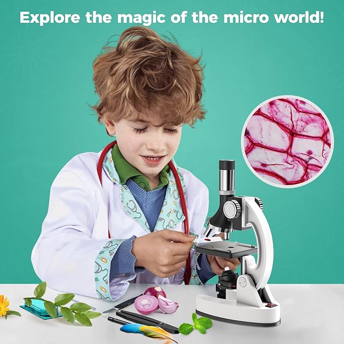USCAMEL Kids Microscope Science Kit - 1200X Microscope for Kids 8-12 with Prepared Slides Metal Body LED Light Carrying Box Educational Compound Toy Set for Children Ages 5 Year Old Boys & Girls Gift